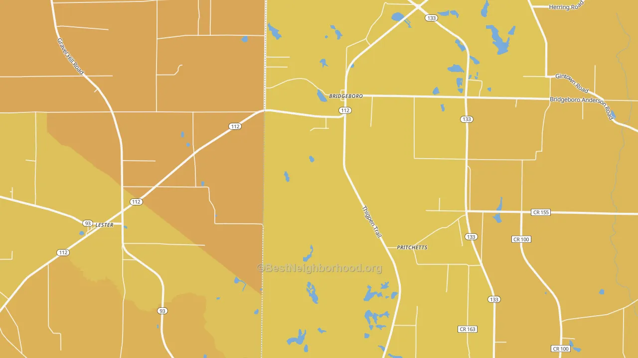 Map of the best neighborhoods in the Pritchetts area, with better matches in green and worse matches in red