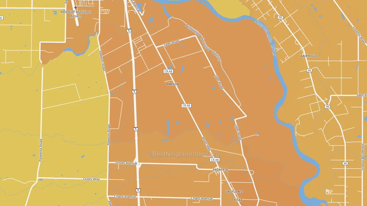 Map of the best neighborhoods in the Proberta area, with better matches in green and worse matches in red