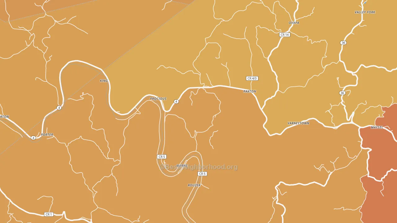 Map of the best neighborhoods in the Procious area, with better matches in green and worse matches in red