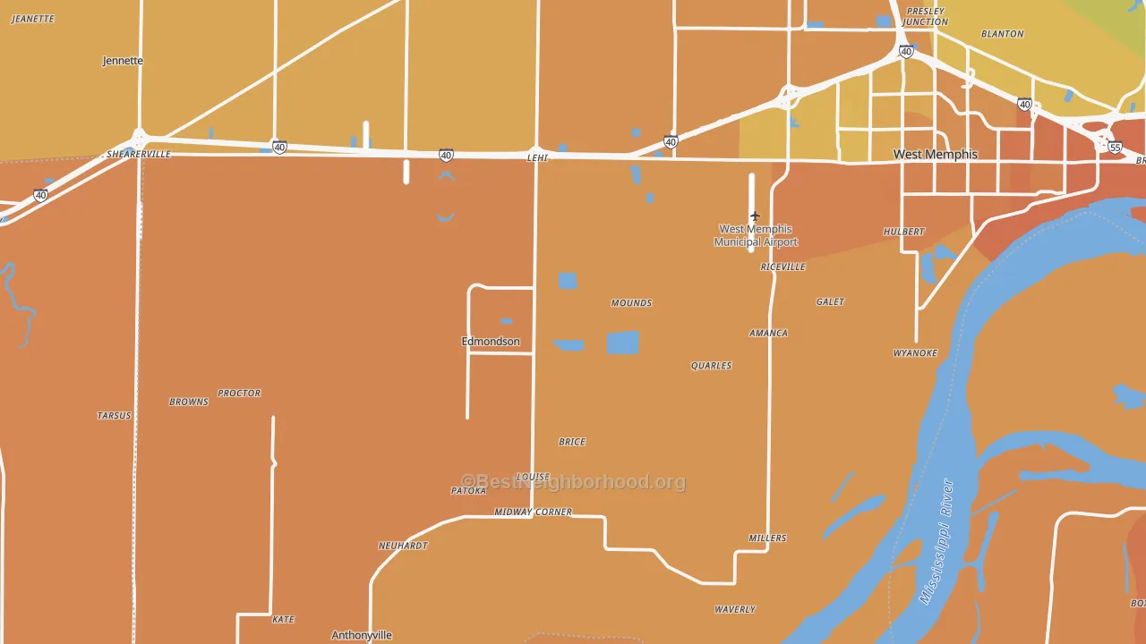 Map of the best neighborhoods in the Proctor area, with better matches in green and worse matches in red