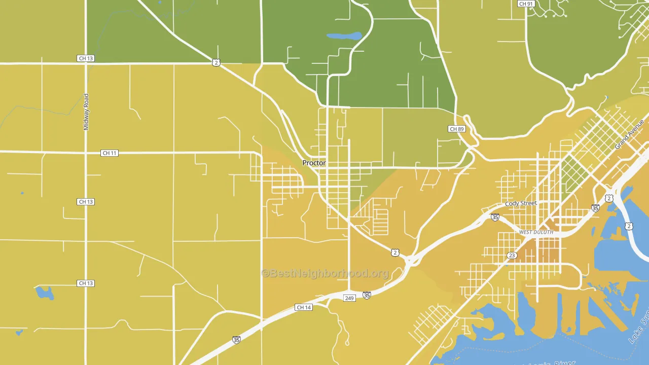 Map of the best neighborhoods in the Proctor area, with better matches in green and worse matches in red