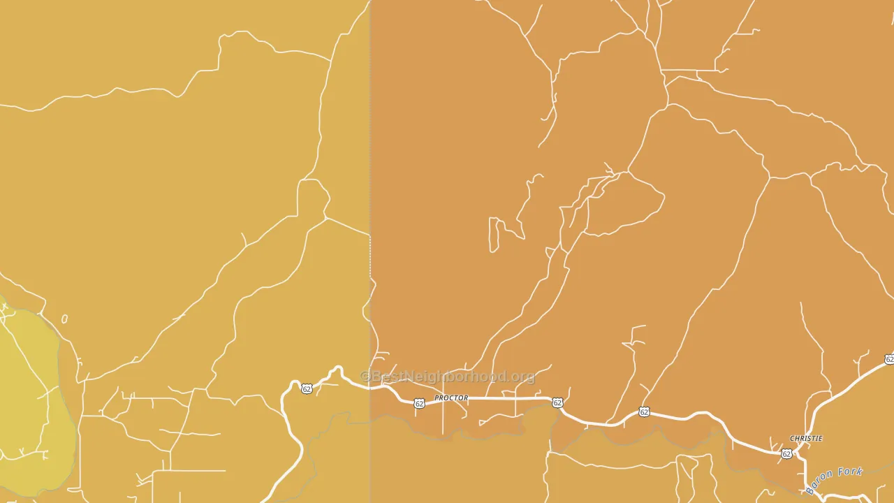 Map of the best neighborhoods in the Proctor area, with better matches in green and worse matches in red