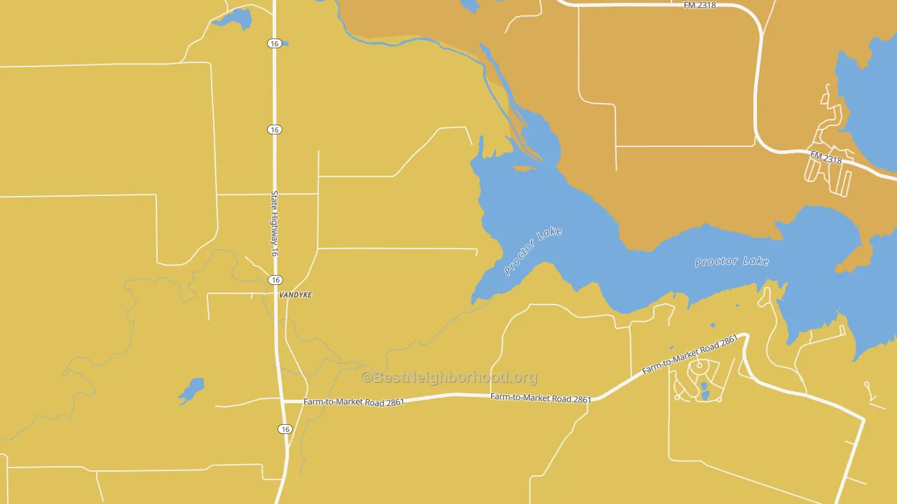 Map of the best neighborhoods in the Proctor area, with better matches in green and worse matches in red
