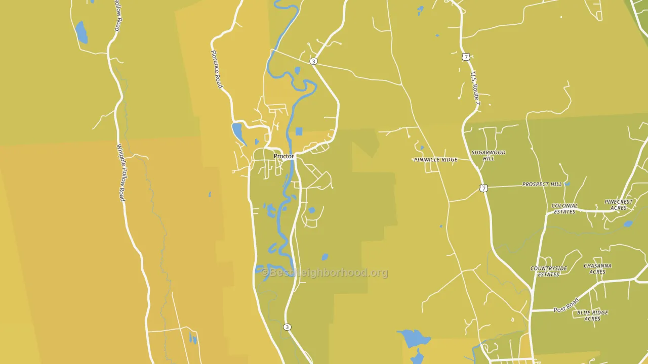 Map of the best neighborhoods in the Proctor area, with better matches in green and worse matches in red