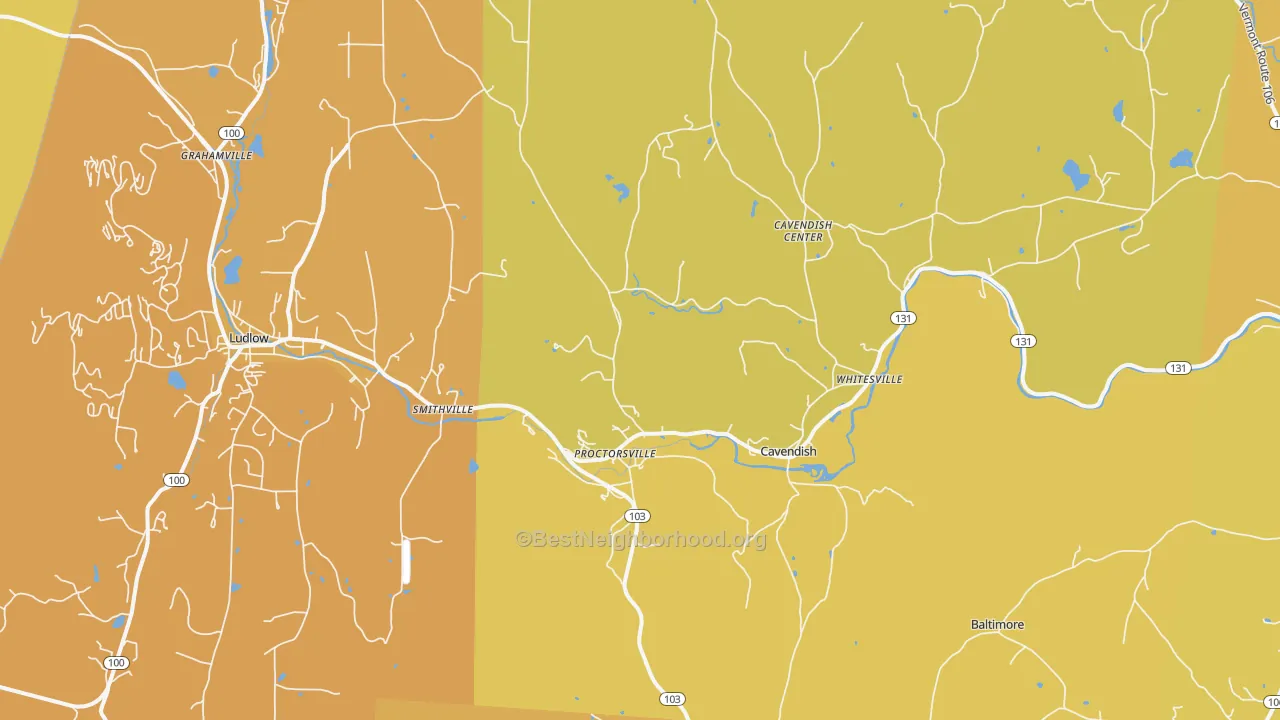 Map of the best neighborhoods in the Proctorsville area, with better matches in green and worse matches in red