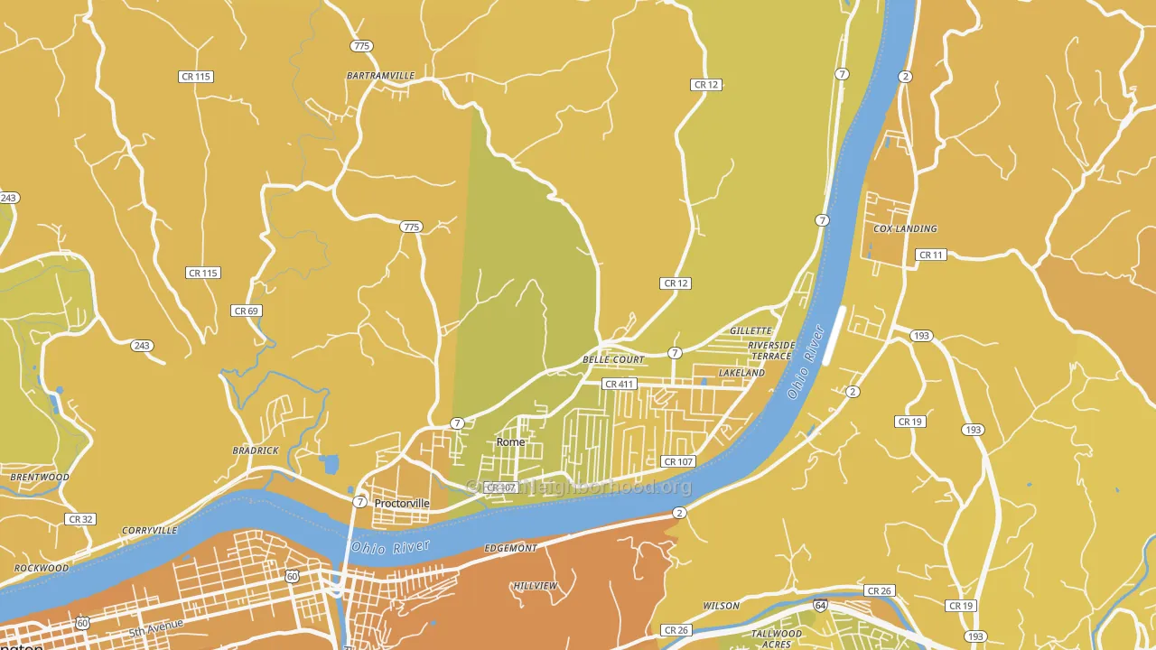 Map of the best neighborhoods in the Proctorville area, with better matches in green and worse matches in red