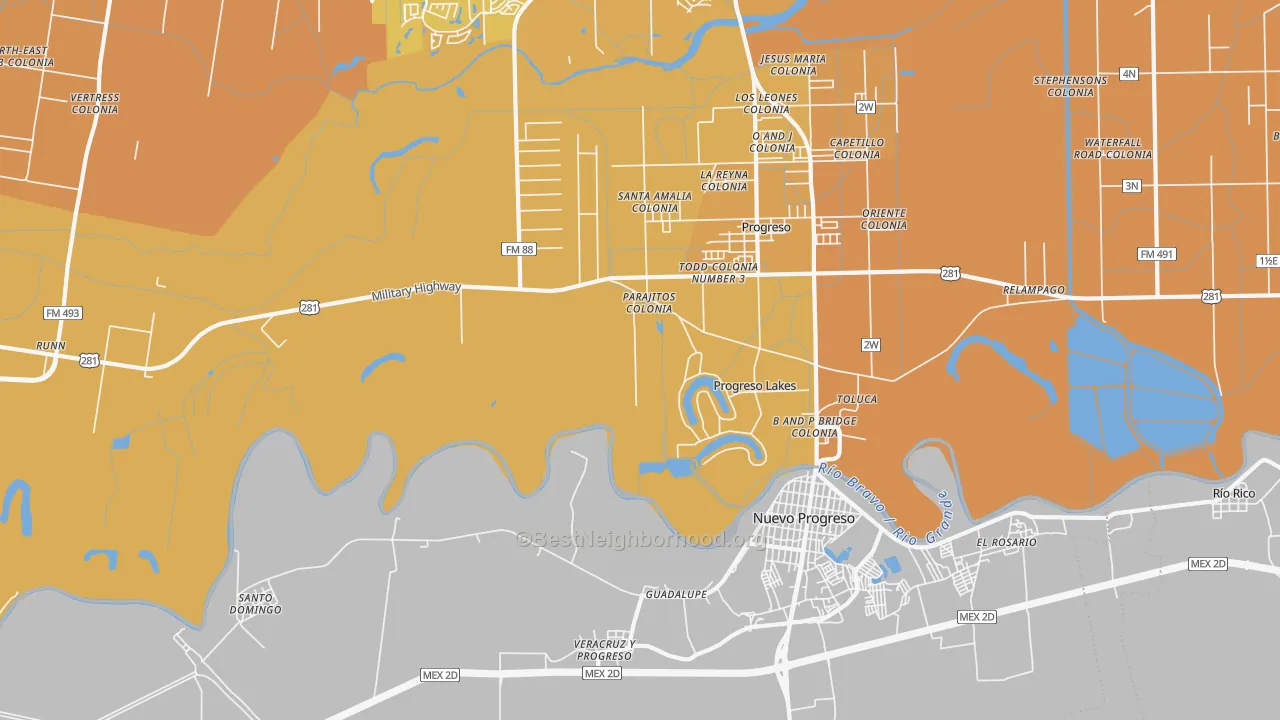 Map of the best neighborhoods in the Progreso Lakes area, with better matches in green and worse matches in red