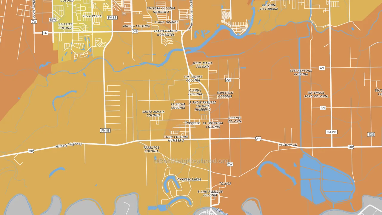 Map of the best neighborhoods in the Progreso area, with better matches in green and worse matches in red