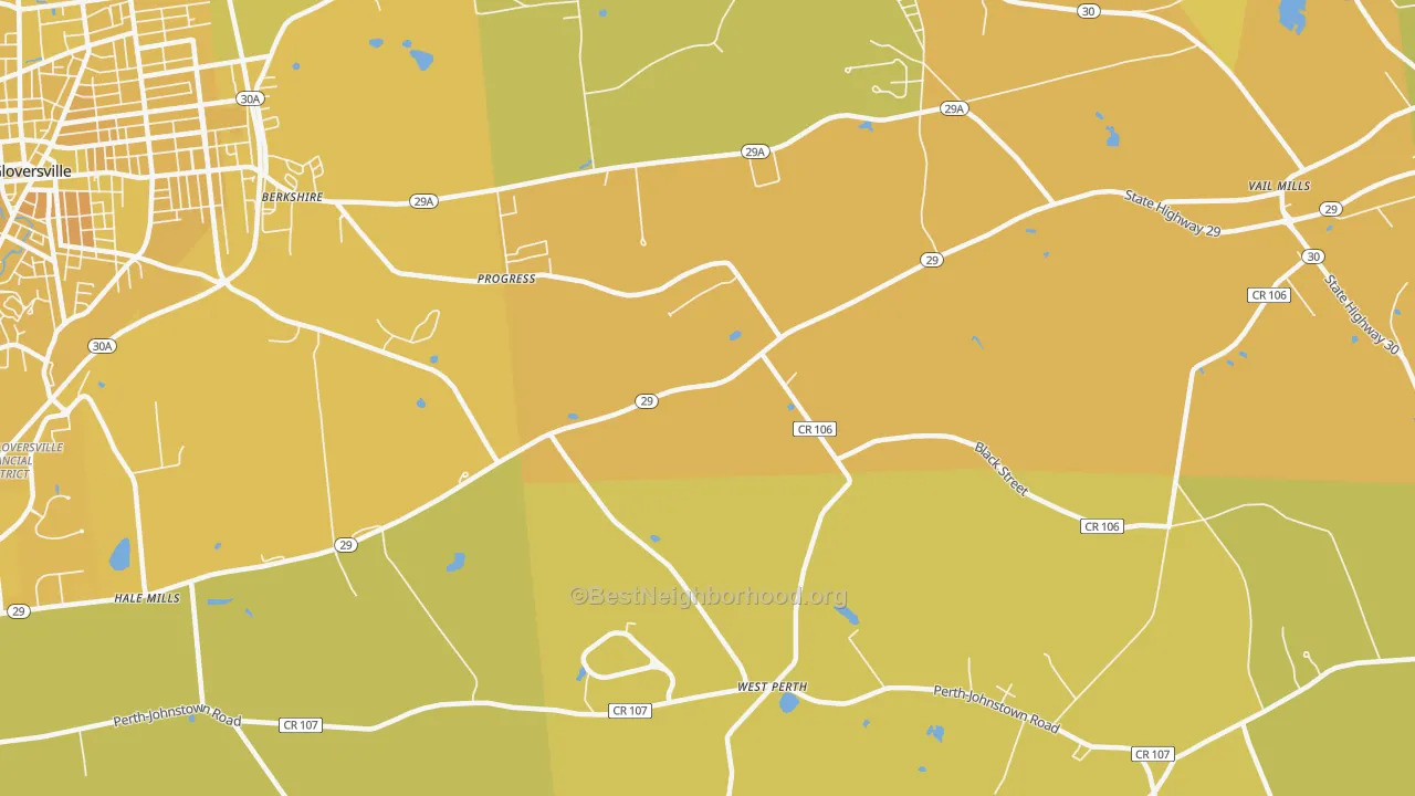 Map of the best neighborhoods in the Progress area, with better matches in green and worse matches in red