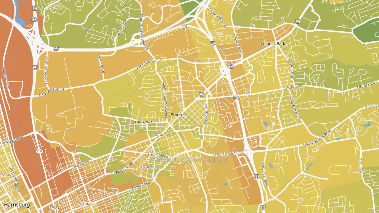 Map of the best neighborhoods in the Progress area, with better matches in green and worse matches in red