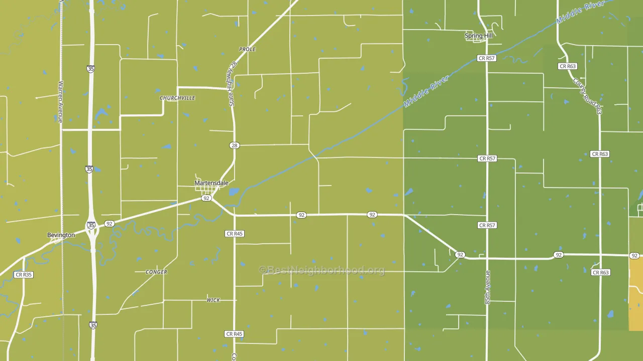 Map of the best neighborhoods in the Prole area, with better matches in green and worse matches in red