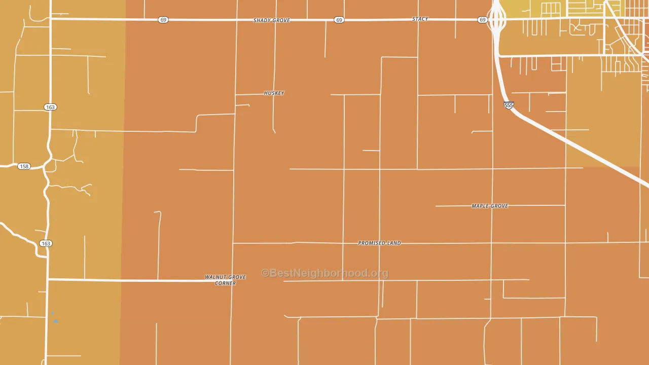 Map of the best neighborhoods in the Promised Land area, with better matches in green and worse matches in red