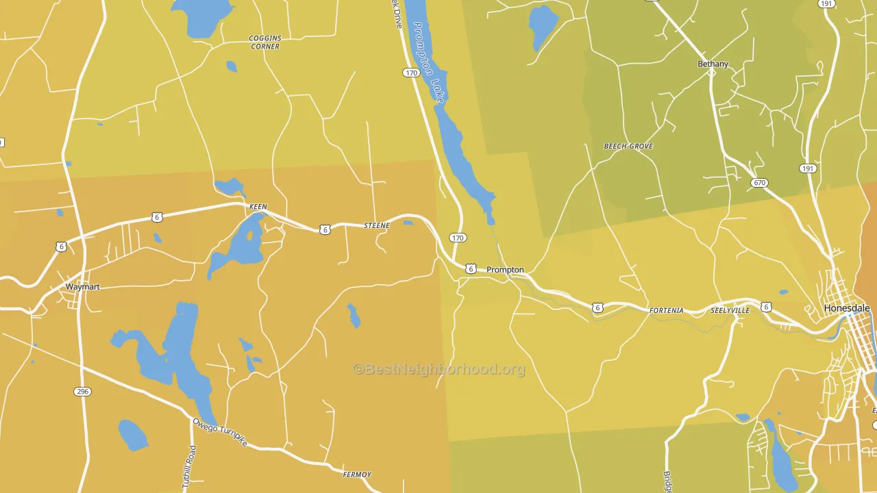 Map of the best neighborhoods in the Prompton area, with better matches in green and worse matches in red