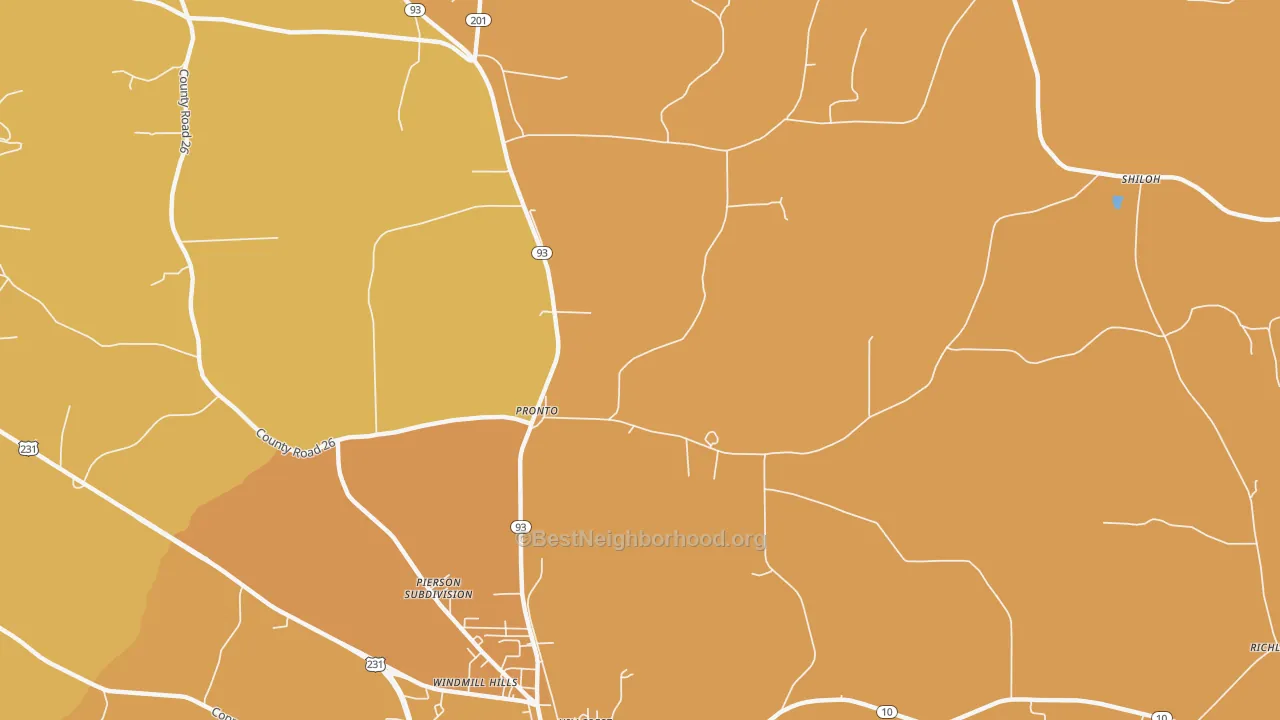 Map of the best neighborhoods in the Pronto area, with better matches in green and worse matches in red
