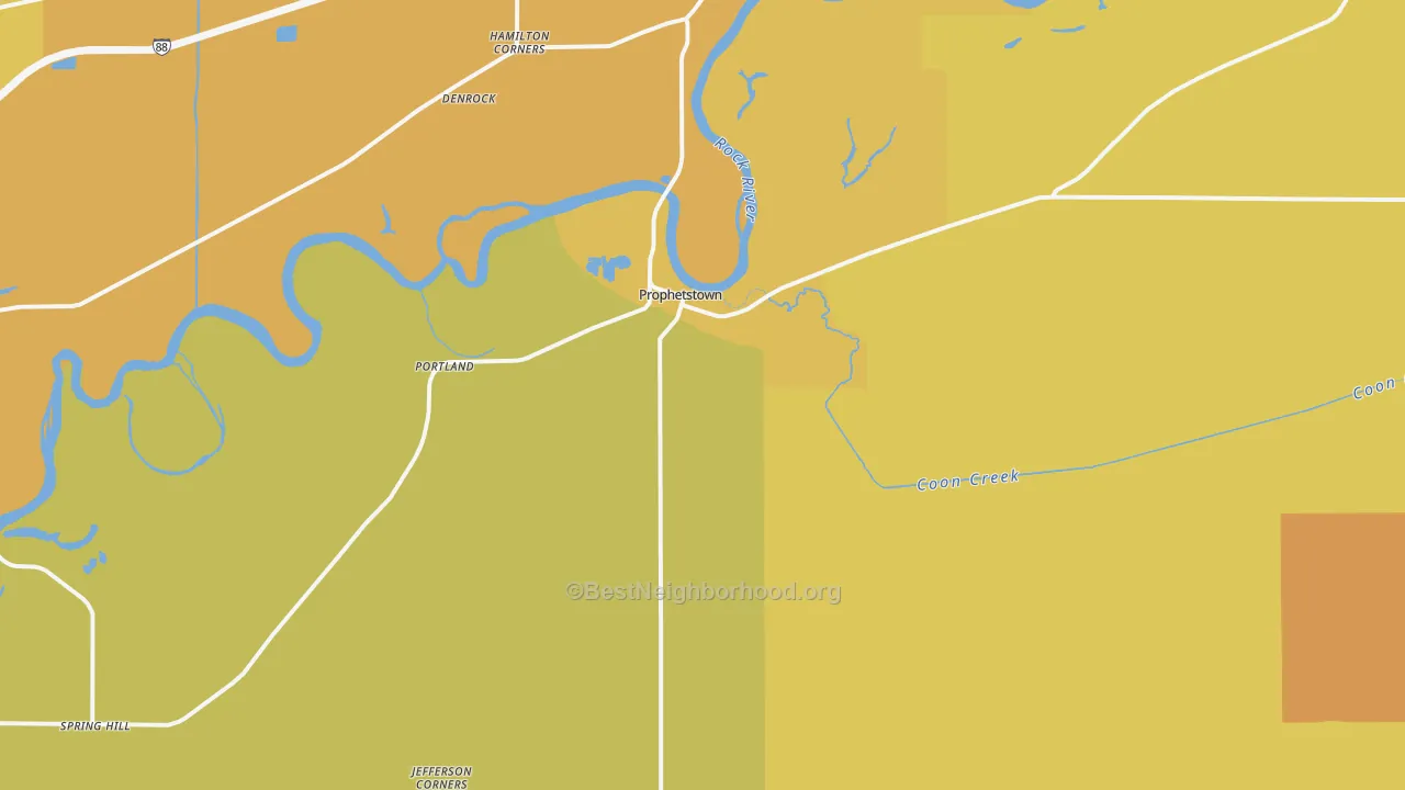 Map of the best neighborhoods in the Prophetstown area, with better matches in green and worse matches in red