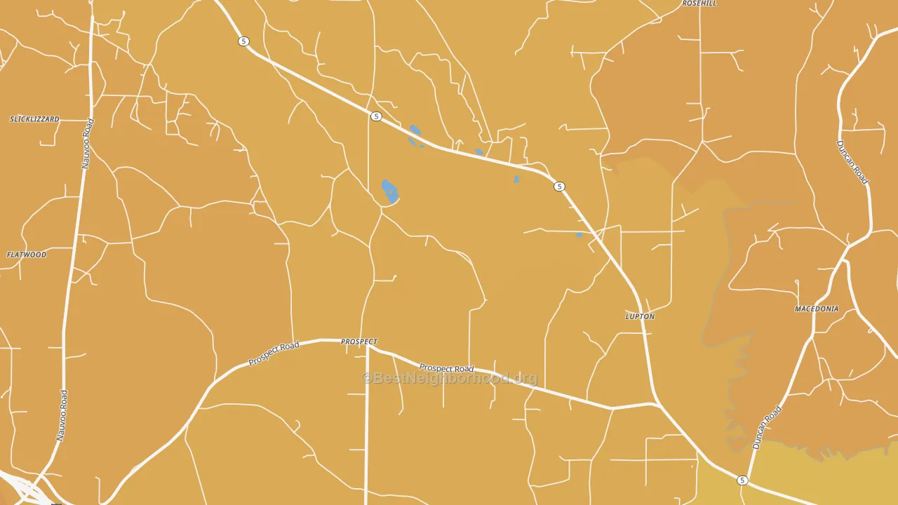 Map of the best neighborhoods in the Prospect area, with better matches in green and worse matches in red