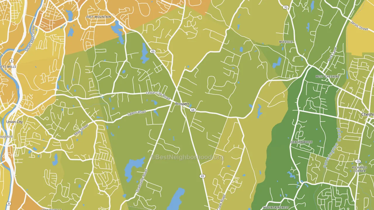 Map of the best neighborhoods in the Prospect area, with better matches in green and worse matches in red