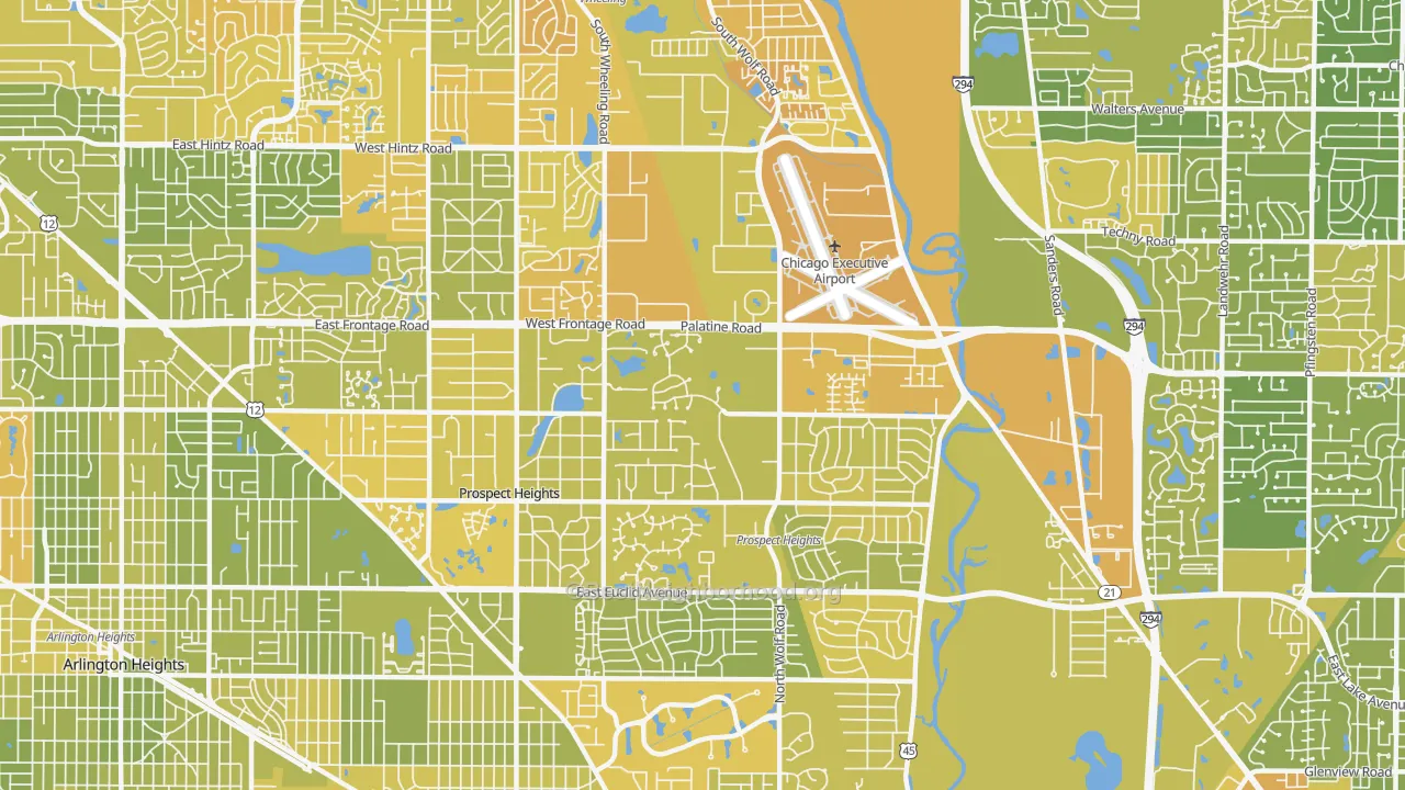 Map of the best neighborhoods in the Prospect Heights area, with better matches in green and worse matches in red