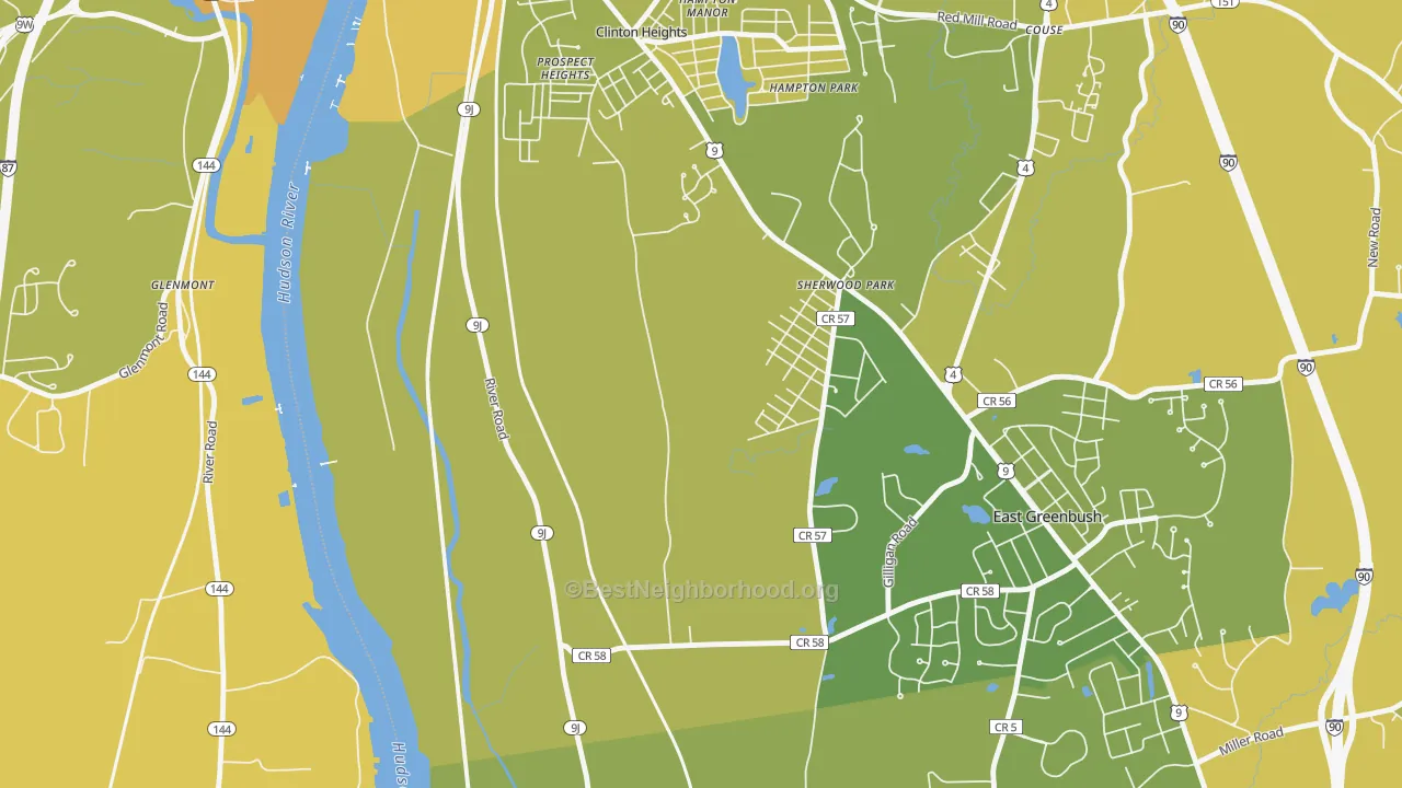 Map of the best neighborhoods in the Prospect Heights area, with better matches in green and worse matches in red