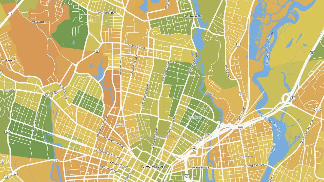 Map of the best neighborhoods in the Prospect Hill, New Haven area, with better matches in green and worse matches in red