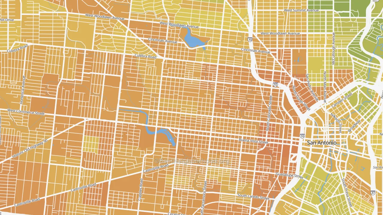 Map of the best neighborhoods in the Prospect Hill, San Antonio area, with better matches in green and worse matches in red