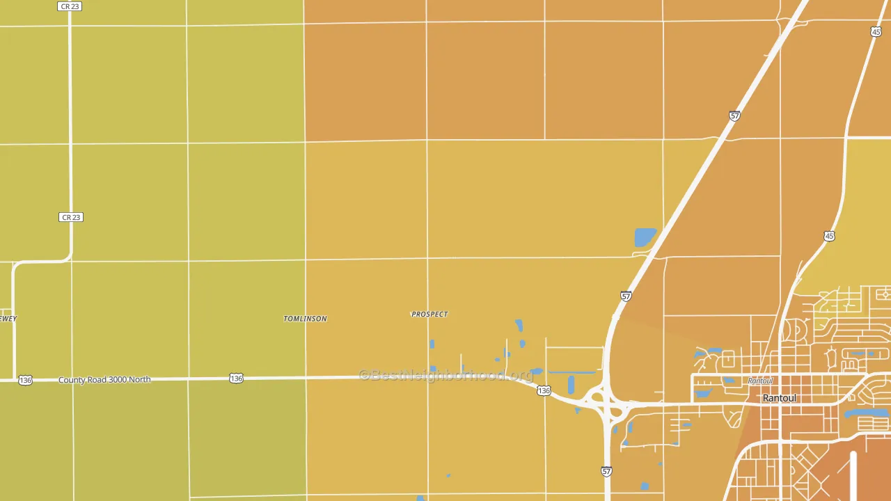 Map of the best neighborhoods in the Prospect area, with better matches in green and worse matches in red