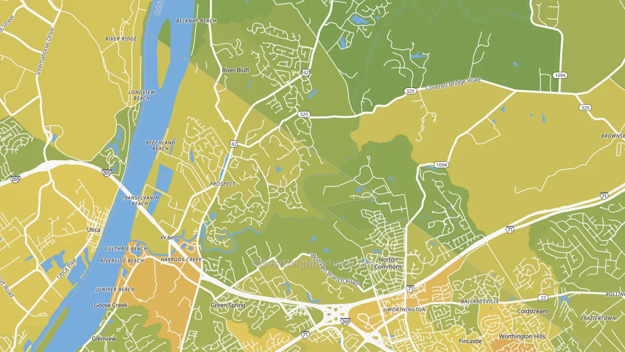 Map of the best neighborhoods in the Prospect area, with better matches in green and worse matches in red