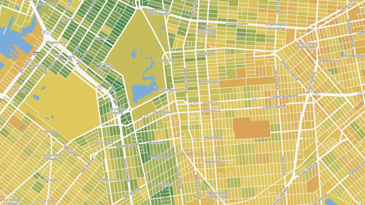 Map of the best neighborhoods in the Prospect Lefferts Gardens, Brooklyn area, with better matches in green and worse matches in red