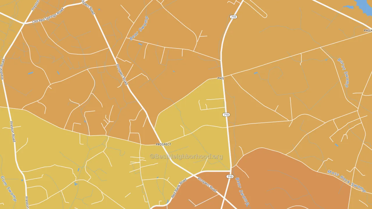 Map of the best neighborhoods in the Prospect area, with better matches in green and worse matches in red