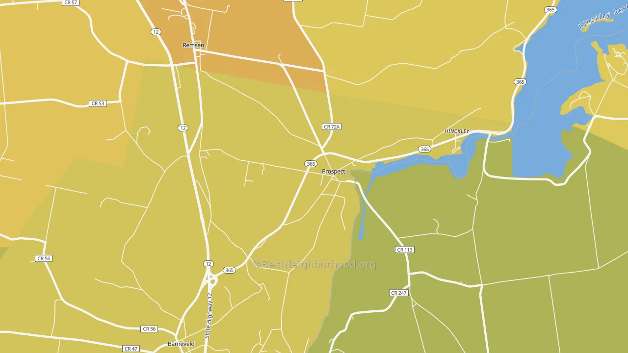 Map of the best neighborhoods in the Prospect area, with better matches in green and worse matches in red