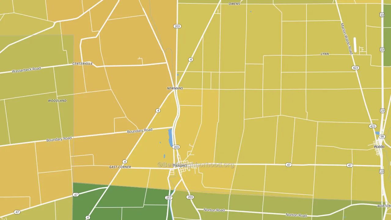 Map of the best neighborhoods in the Prospect area, with better matches in green and worse matches in red