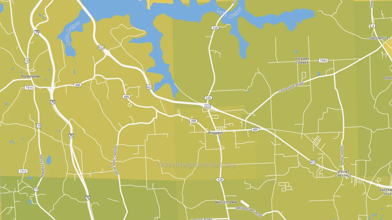Map of the best neighborhoods in the Prospect area, with better matches in green and worse matches in red