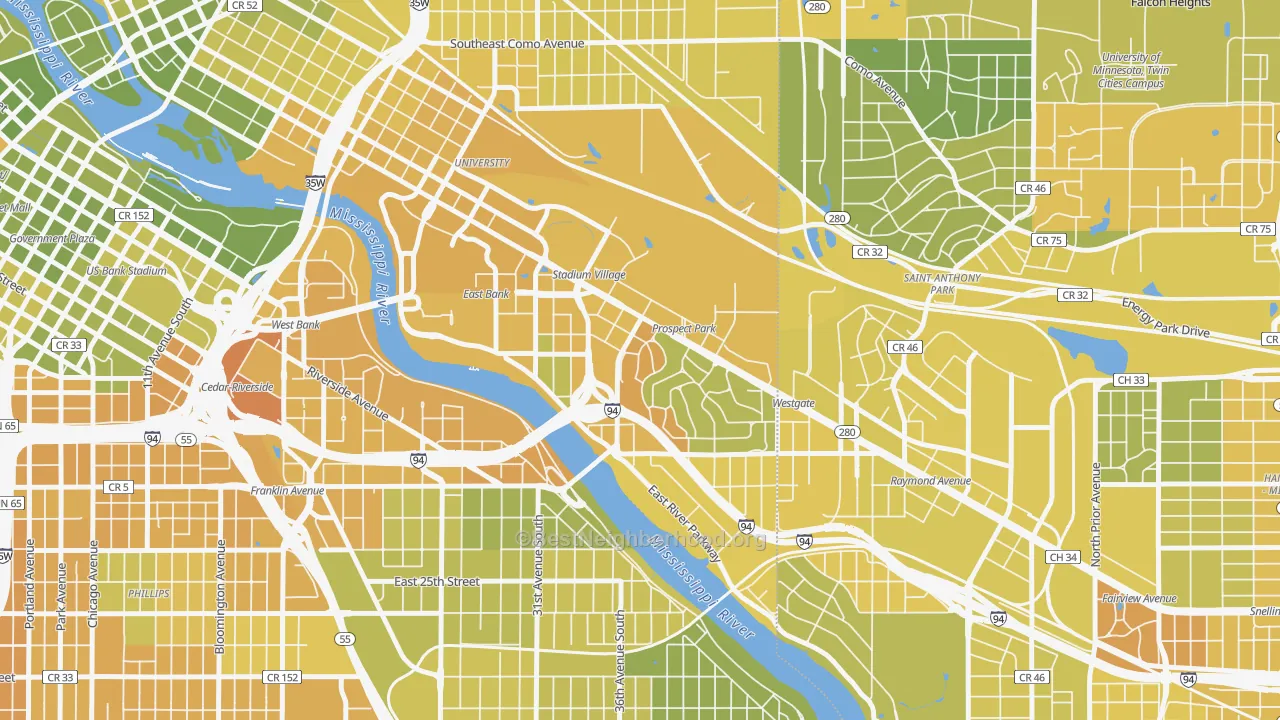 Map of the best neighborhoods in the Prospect Park, Minneapolis area, with better matches in green and worse matches in red