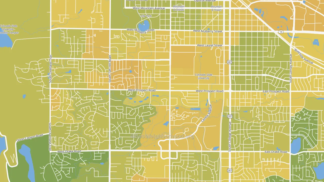 Map of the best neighborhoods in the Prospect-Shields, Fort Collins area, with better matches in green and worse matches in red