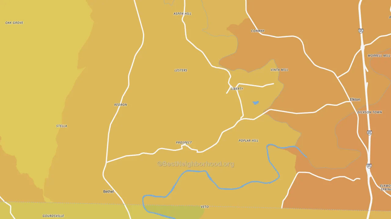 Map of the best neighborhoods in the Prospect area, with better matches in green and worse matches in red