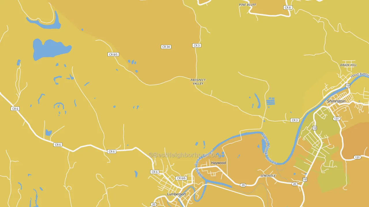 Map of the best neighborhoods in the Prospect Valley area, with better matches in green and worse matches in red
