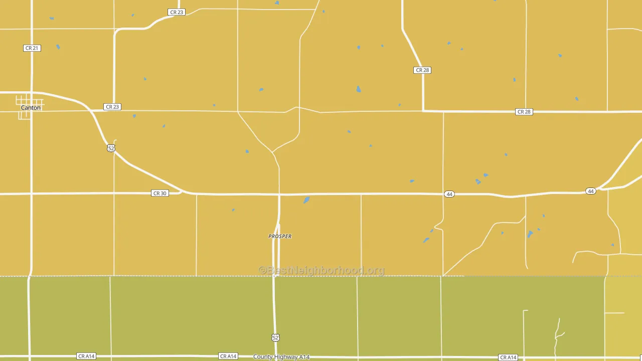 Map of the best neighborhoods in the Prosper area, with better matches in green and worse matches in red
