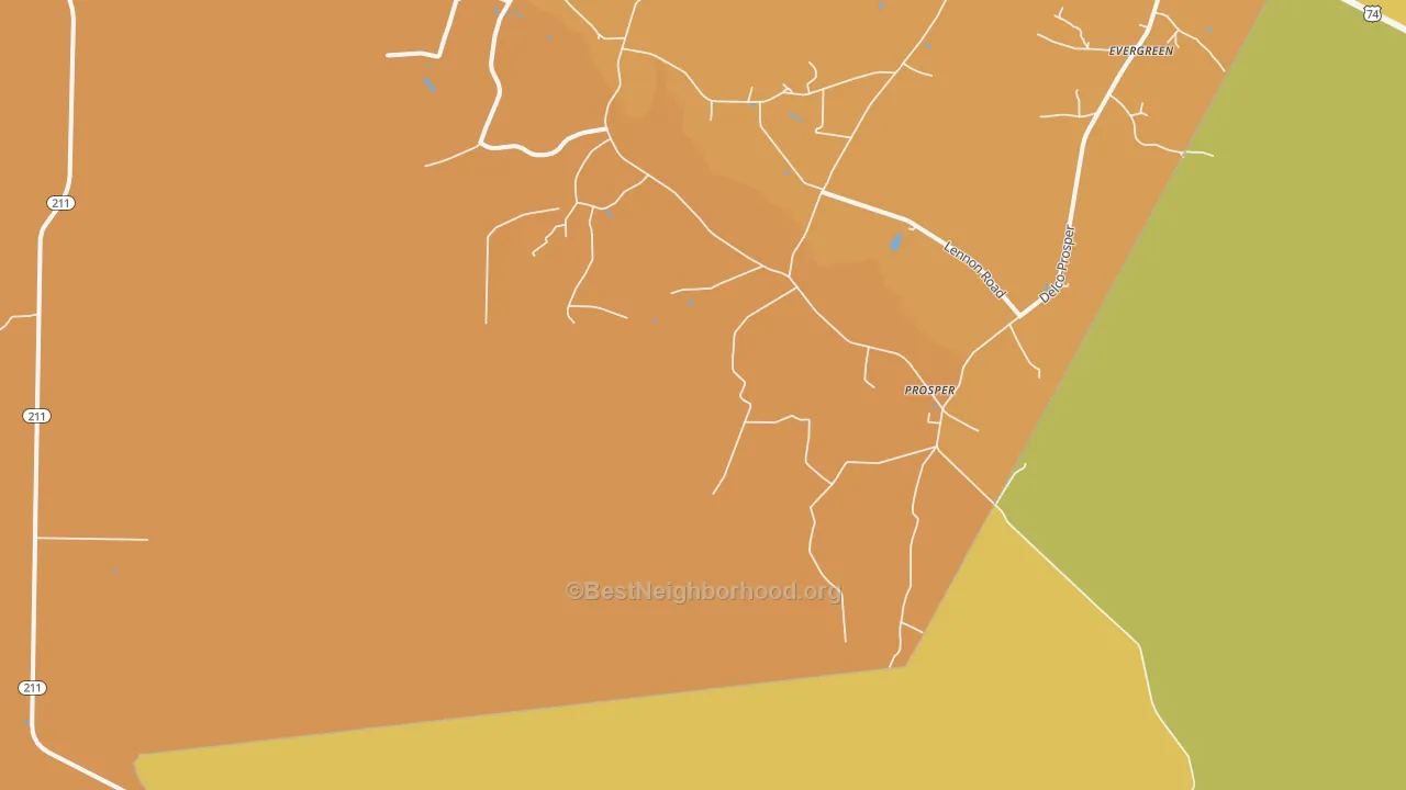 Map of the best neighborhoods in the Prosper area, with better matches in green and worse matches in red