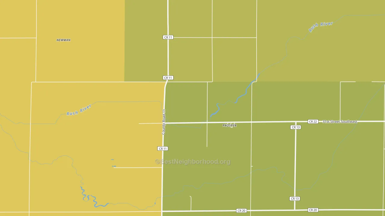 Map of the best neighborhoods in the Prosper area, with better matches in green and worse matches in red