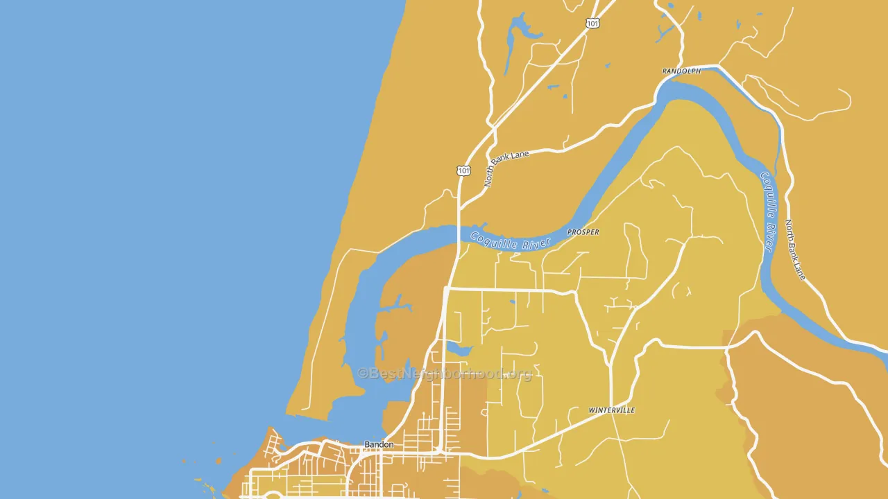 Map of the best neighborhoods in the Prosper area, with better matches in green and worse matches in red