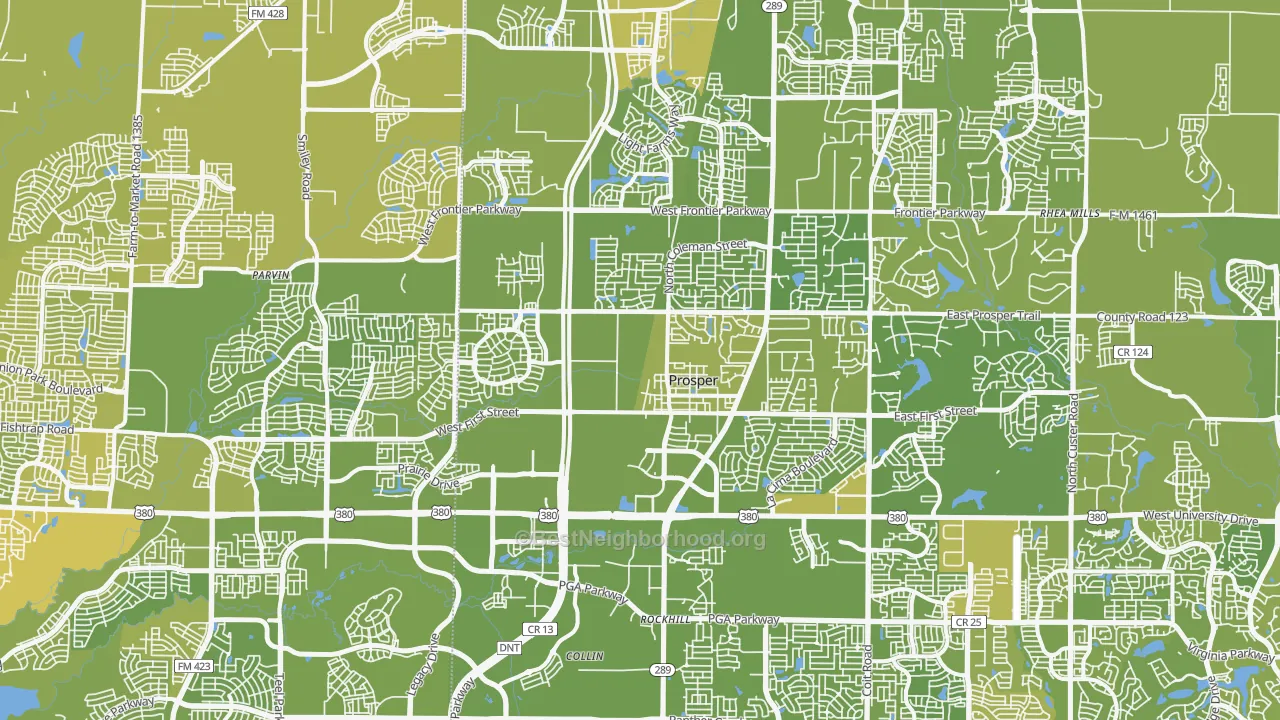 Map of the best neighborhoods in the Prosper area, with better matches in green and worse matches in red