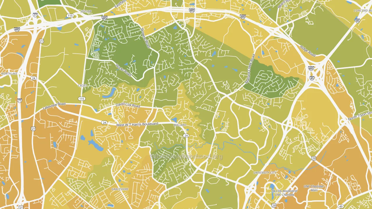 Map of the best neighborhoods in the Prosperity Church Road, Charlotte area, with better matches in green and worse matches in red