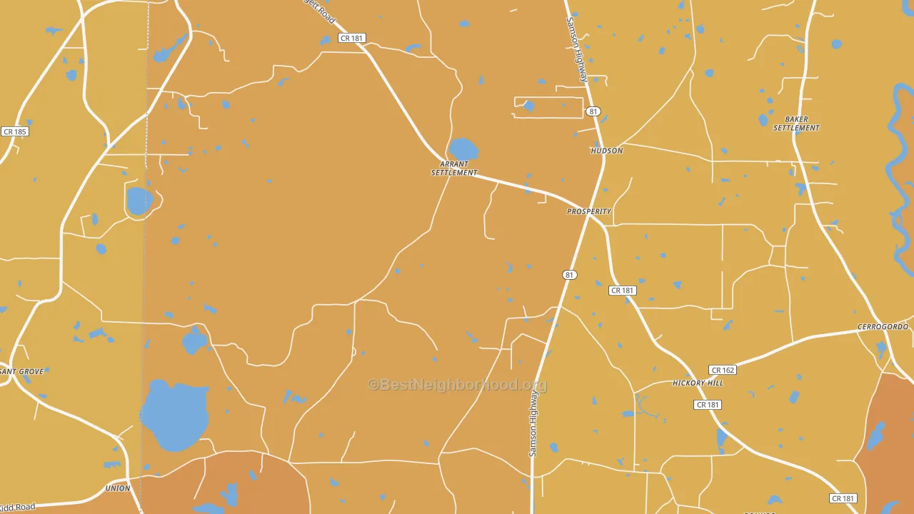 Map of the best neighborhoods in the Prosperity area, with better matches in green and worse matches in red
