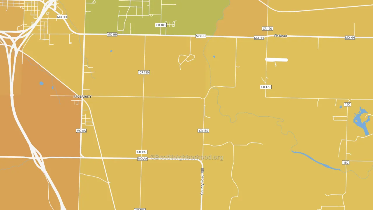 Map of the best neighborhoods in the Prosperity area, with better matches in green and worse matches in red