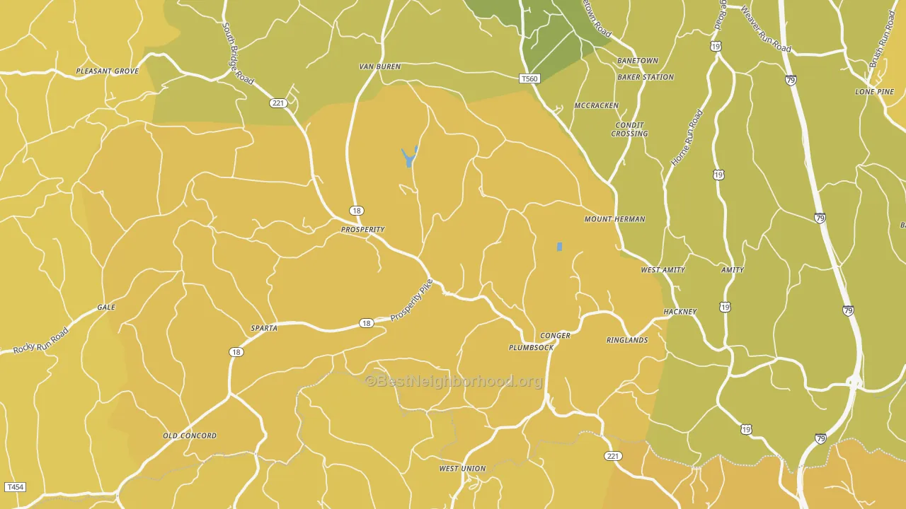 Map of the best neighborhoods in the Prosperity area, with better matches in green and worse matches in red
