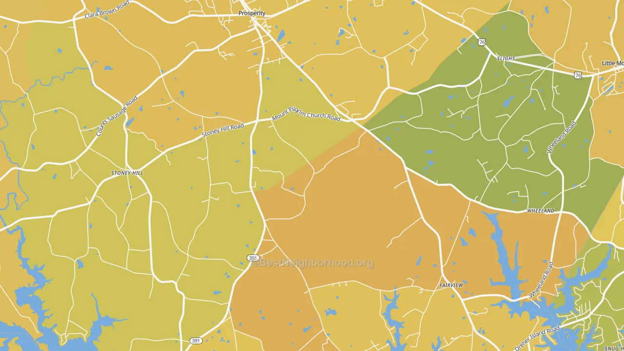 Map of the best neighborhoods in the Prosperity area, with better matches in green and worse matches in red