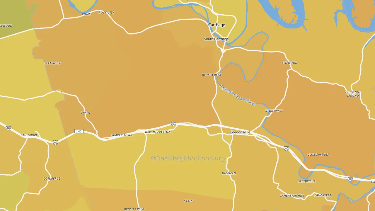Map of the best neighborhoods in the Prosperity area, with better matches in green and worse matches in red
