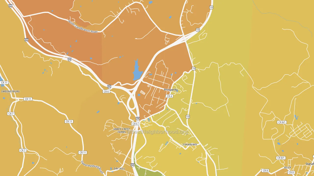 Map of the best neighborhoods in the Prosperity area, with better matches in green and worse matches in red