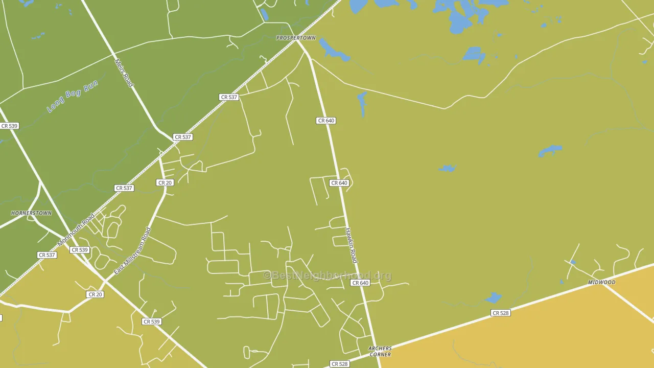 Map of the best neighborhoods in the Prospertown area, with better matches in green and worse matches in red