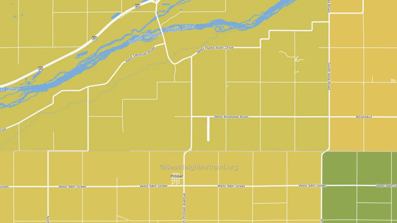 Map of the best neighborhoods in the Prosser area, with better matches in green and worse matches in red